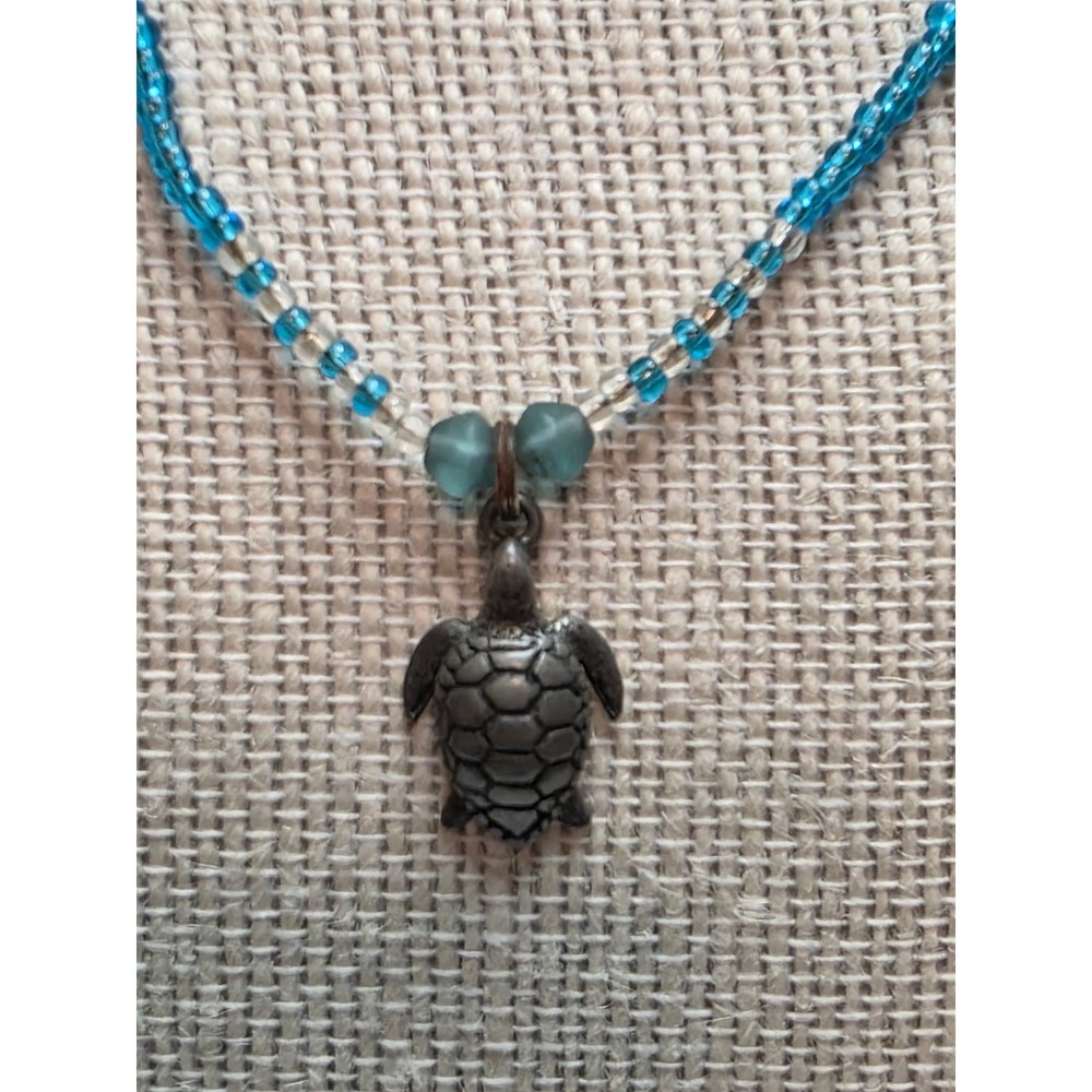 Blue Seed Bead Sea Turtle 18 Inch Pendant Necklace Nautical Beach Jewelry